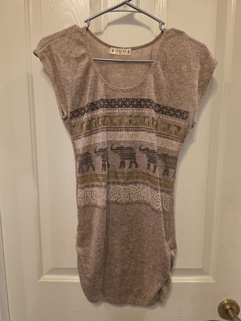 Agenda Taupe and Cream Knit Tunic with Elephant Motif